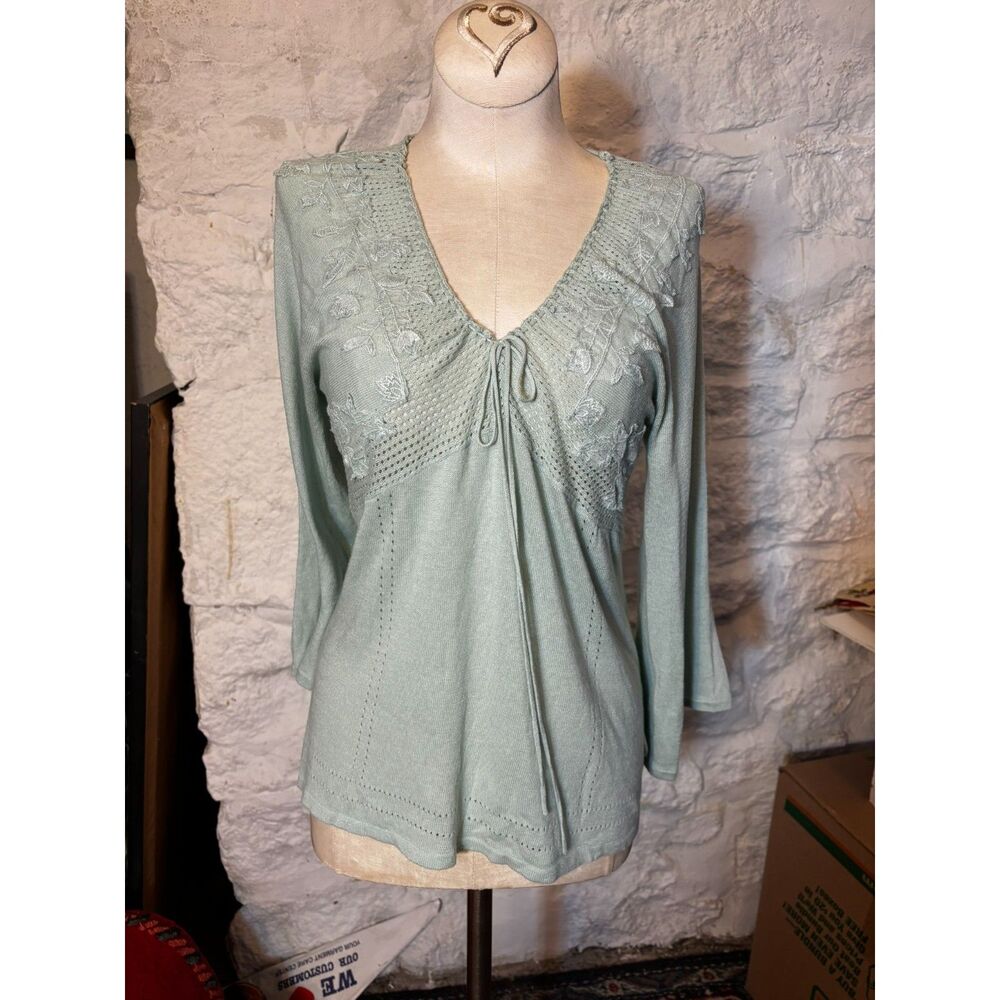 Embroidered Lace Sweater Top Sage Pointelle Small Cottagecore Boho Fairycore